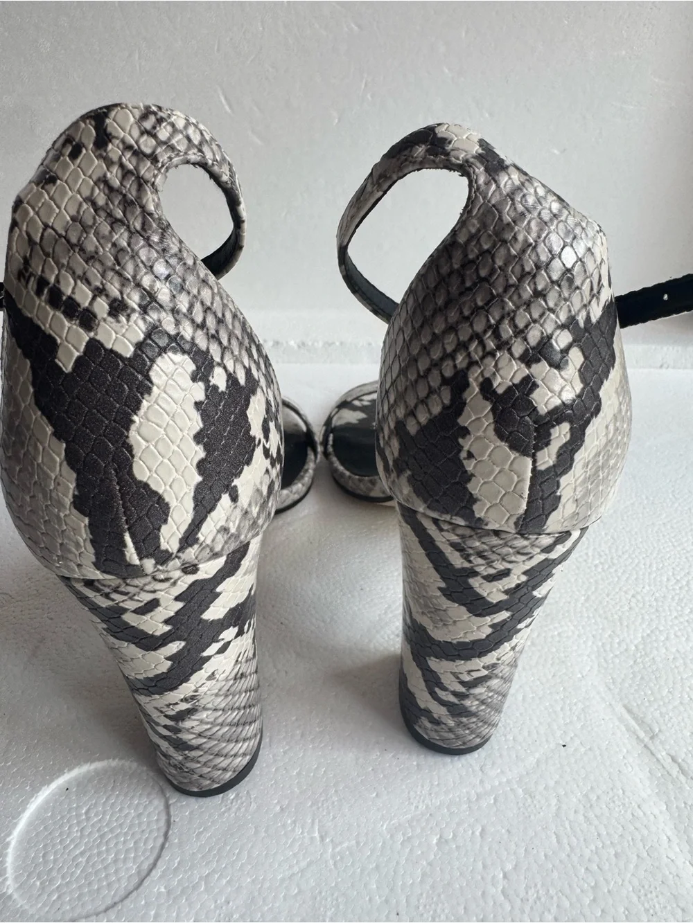Madden Girl Snake-Print Ankle Strap Block Heels - White/Black
